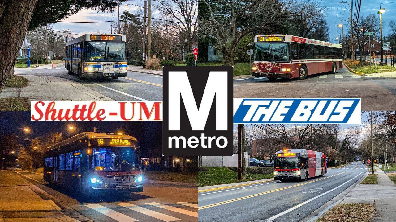 Collage of images for various bus services in College park including: The Bus, Shuttle UMD, and MetroBus