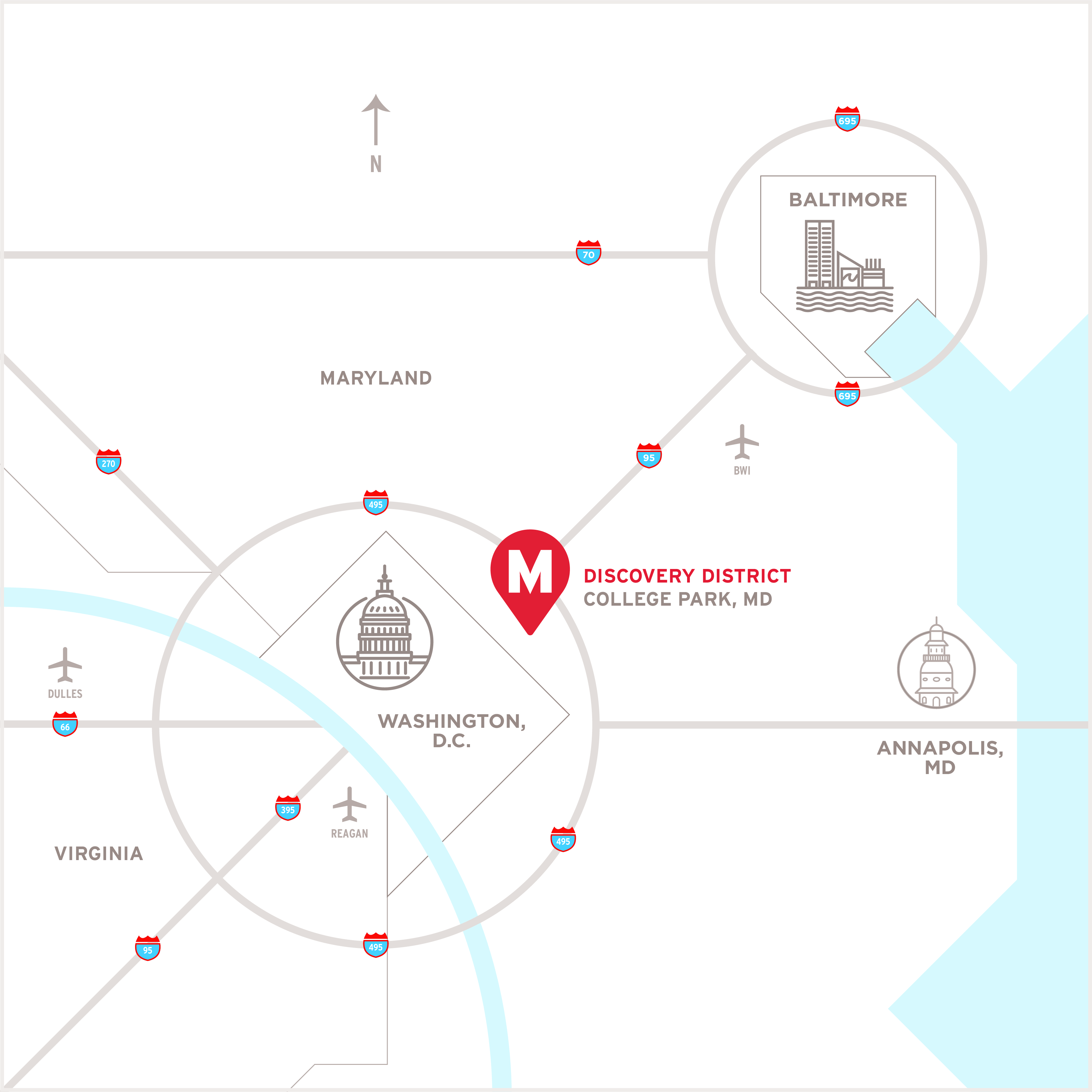 Discovery District Map highlighting both the nearby cities of Baltimore, and Annapolis, and adjacent Washington D.C.