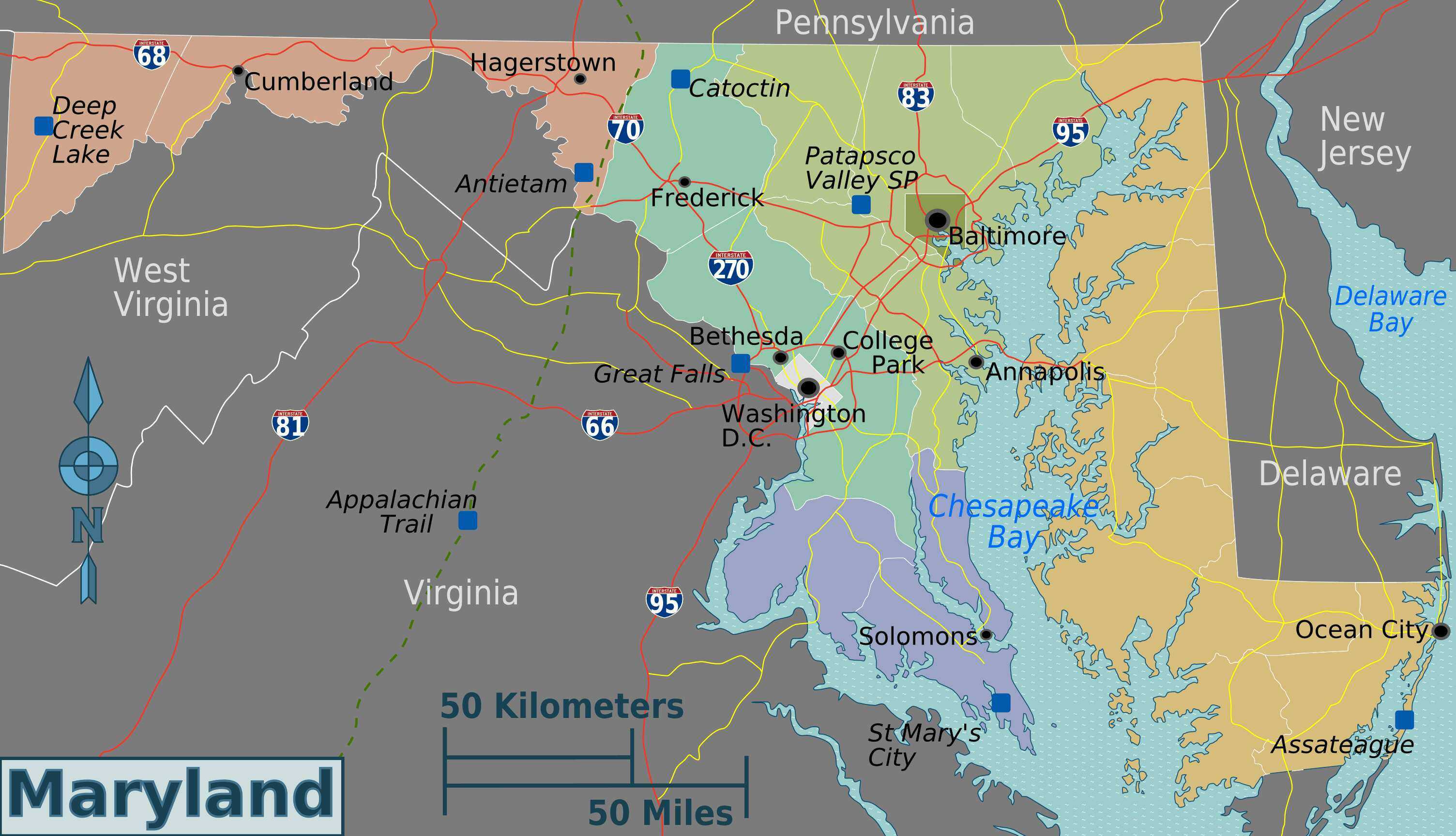 Maryland Regional map showing Rail way lines to and from the Delaware Maryland Virginia area