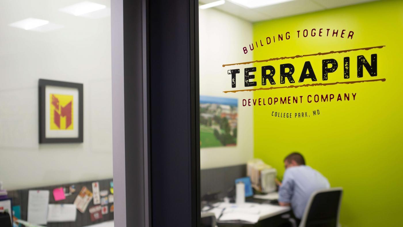 Window sign in front of the offices for the Terrapin Development Company